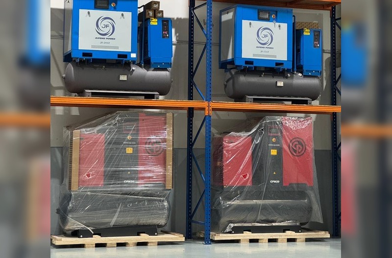 Air compressor product stock including JF and Chicago Pneumatic units